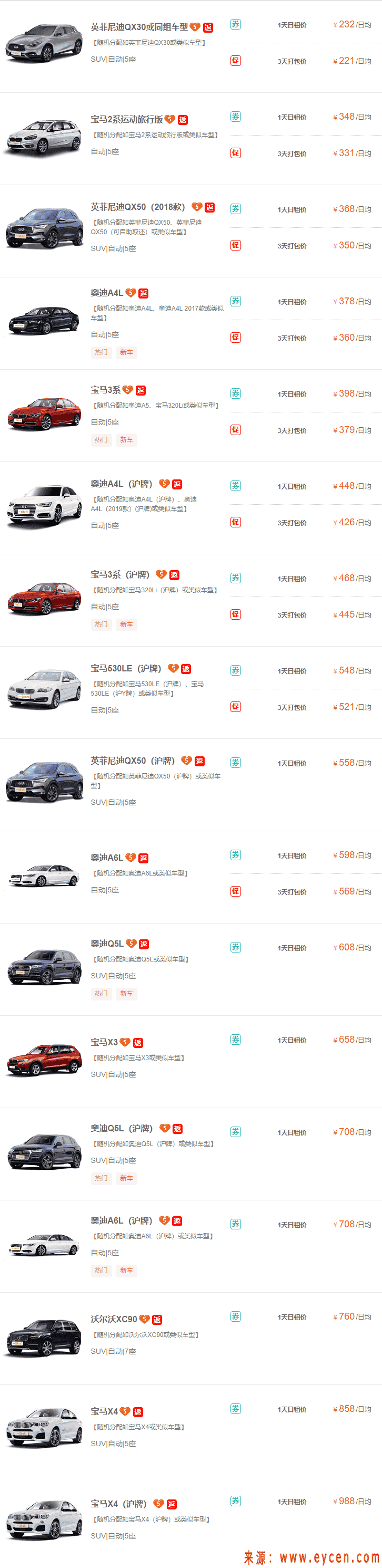 豪车租赁价格一览表，哪个平台可以租豪车